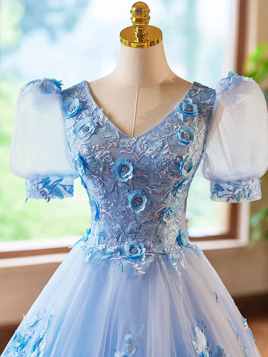 Blue Appliques Lace Flower Floor Length Prom Dresses, Beautiful V-Neck Short Sleeve Evening Dress TP124