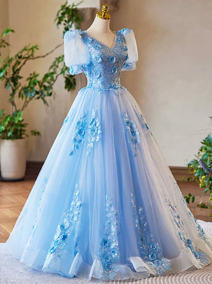 Blue Appliques Lace Flower Floor Length Prom Dresses, Beautiful V-Neck Short Sleeve Evening Dress TP124