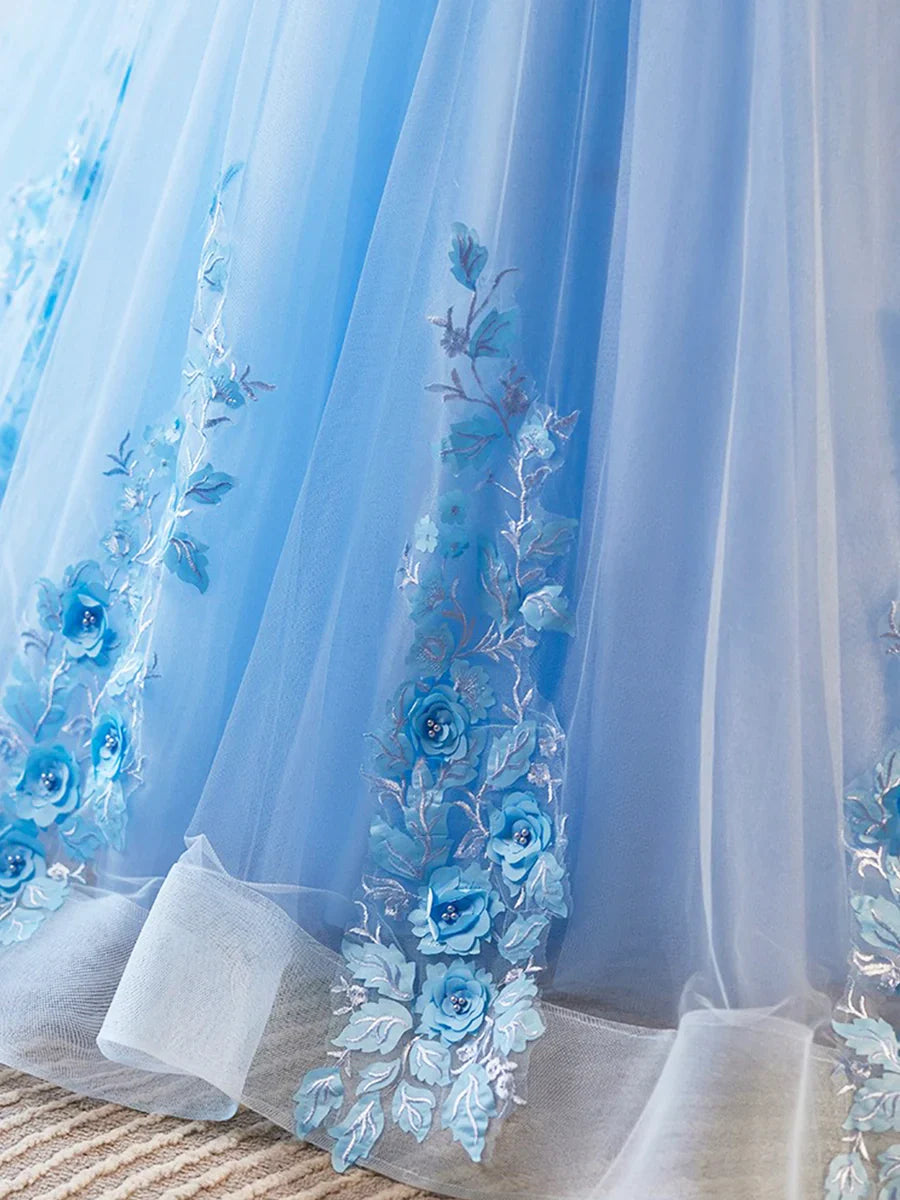 Blue Appliques Lace Flower Floor Length Prom Dresses, Beautiful V-Neck Short Sleeve Evening Dress TP124