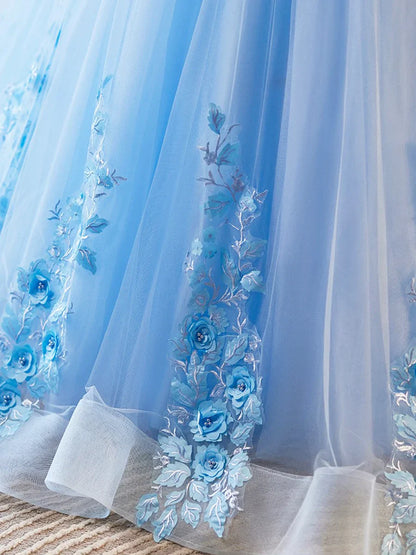Blue Appliques Lace Flower Floor Length Prom Dresses, Beautiful V-Neck Short Sleeve Evening Dress TP124
