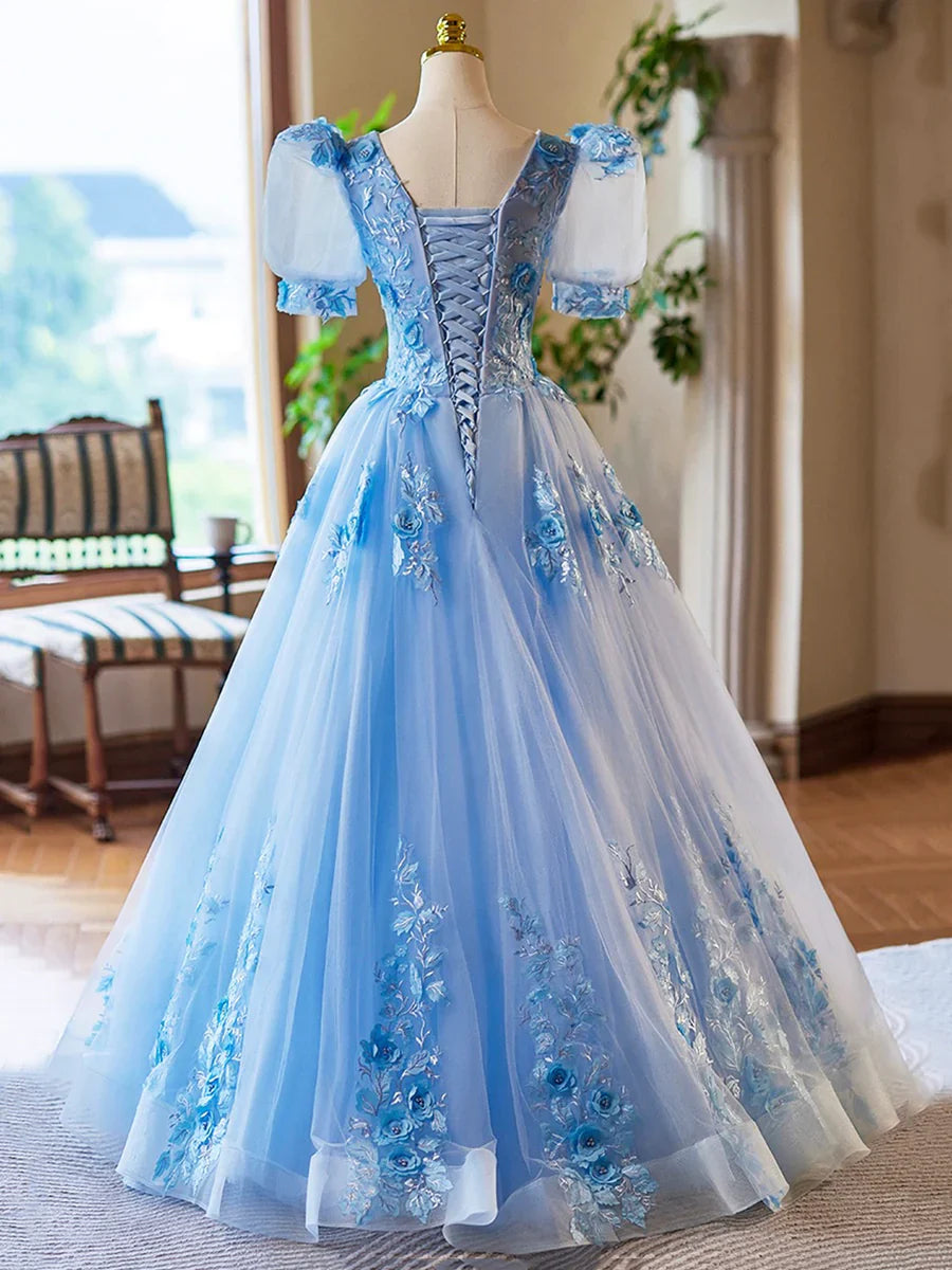 Blue Appliques Lace Flower Floor Length Prom Dresses, Beautiful V-Neck Short Sleeve Evening Dress TP124