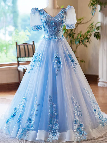 Blue Appliques Lace Flower Floor Length Prom Dresses, Beautiful V-Neck Short Sleeve Evening Dress TP124