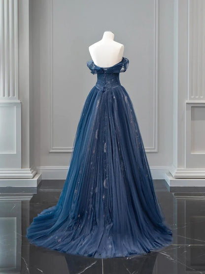 Previous Next   Nave Tulle Floor Length Prom Dress, Beautiful Off the Shoulder Backless Evening Dress TP125