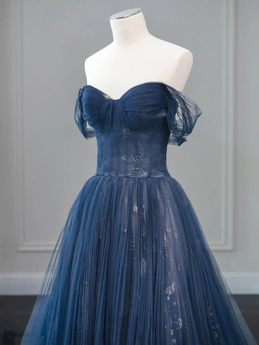 Previous Next   Nave Tulle Floor Length Prom Dress, Beautiful Off the Shoulder Backless Evening Dress TP125
