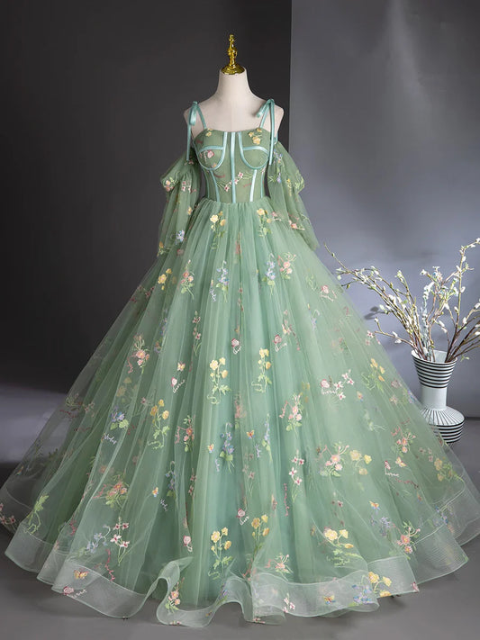 Green Floral Tulle Long Prom Dress, Beautiful A-Line Evening Formal Dress TP126