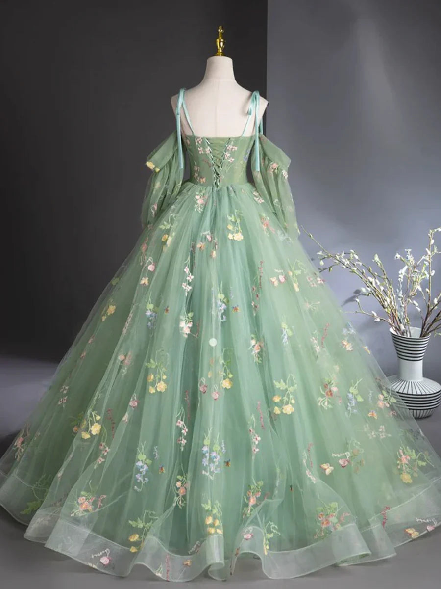Green Floral Tulle Long Prom Dress, Beautiful A-Line Evening Formal Dress TP126