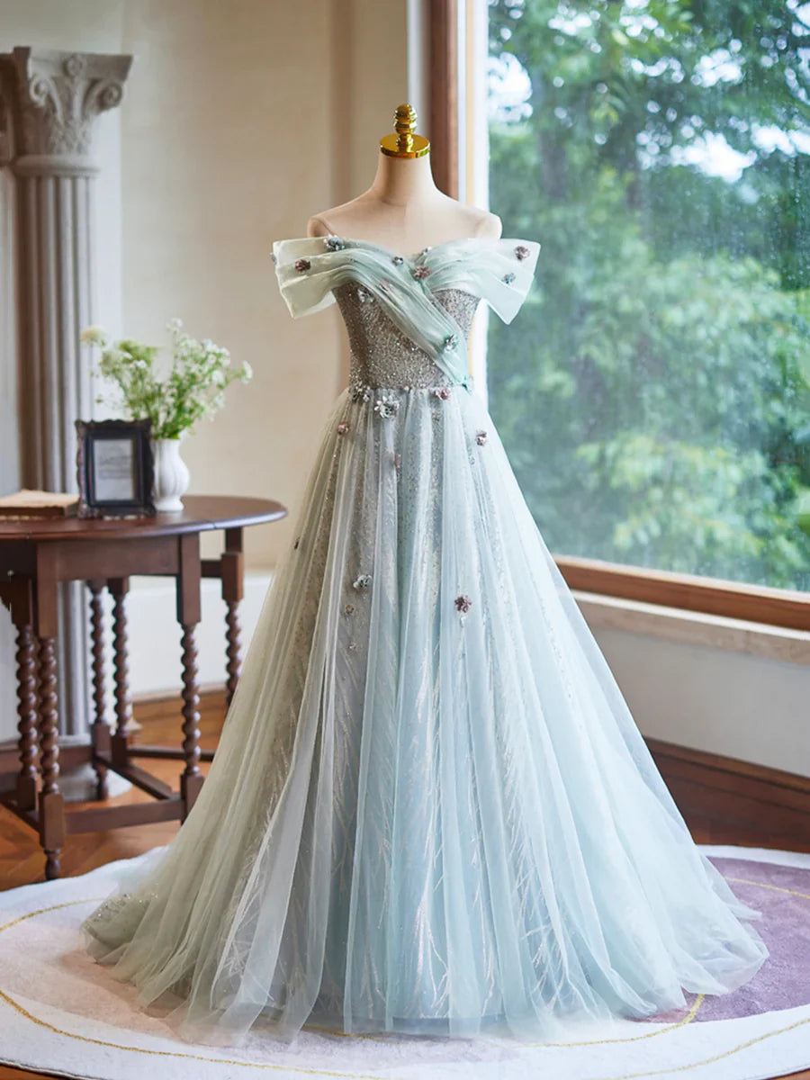 Vestido de fiesta verde de corte A, largo hasta el suelo, hermoso vestido de noche sin espalda y con hombros descubiertos TP127