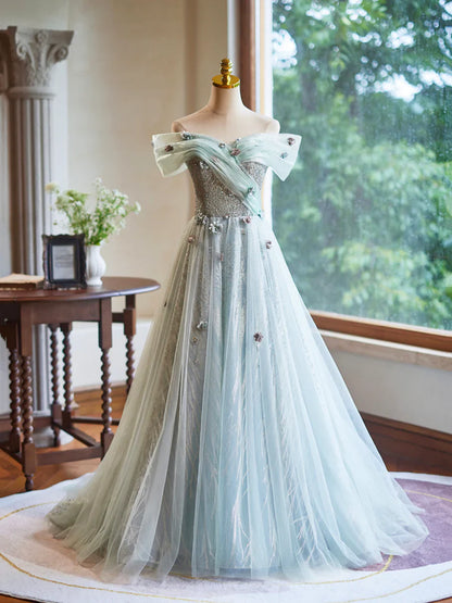 Vestido de fiesta verde de corte A, largo hasta el suelo, hermoso vestido de noche sin espalda y con hombros descubiertos TP127