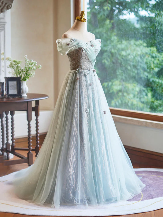 A-Line Green Floor Length Prom Dress, Beautiful Off the Shoulder Backless Evening Party Dress TP127
