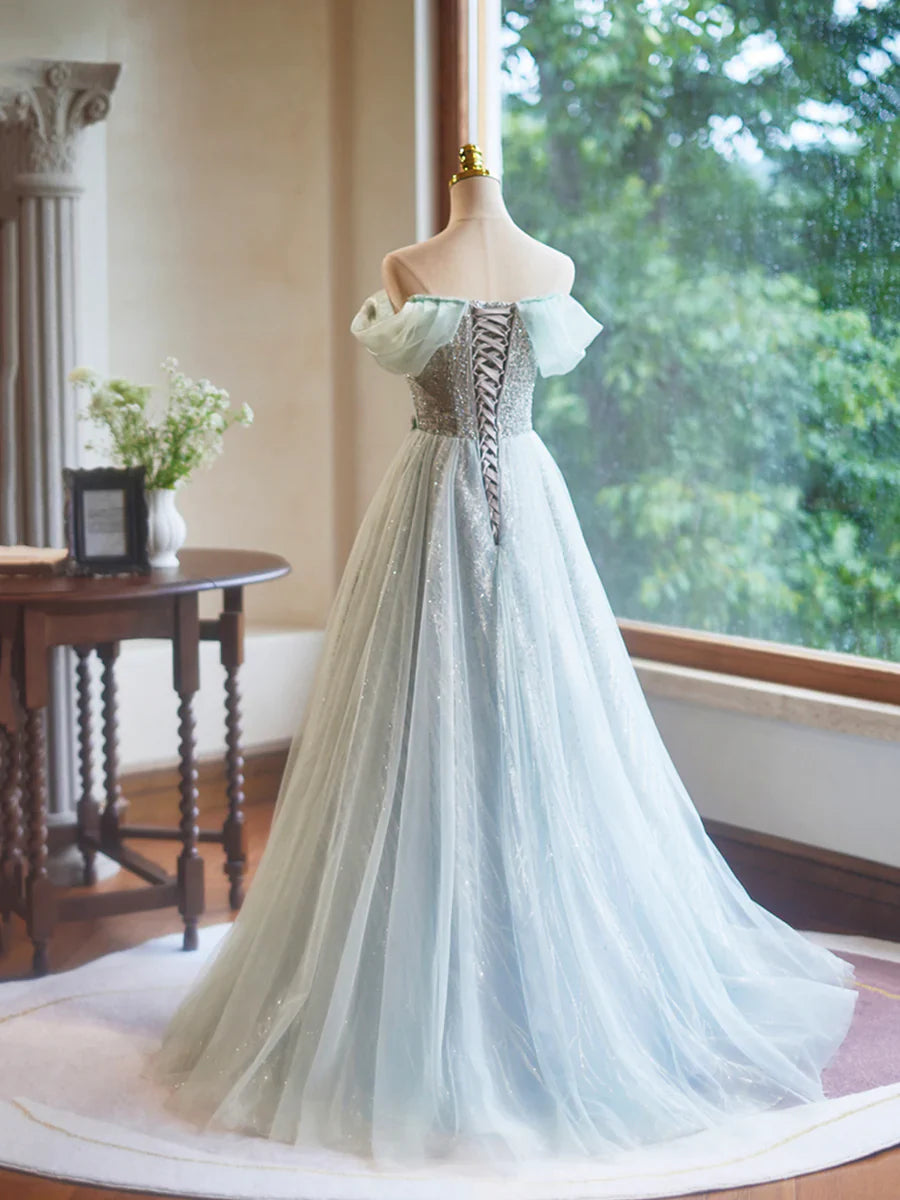 Vestido de fiesta verde de corte A, largo hasta el suelo, hermoso vestido de noche sin espalda y con hombros descubiertos TP127