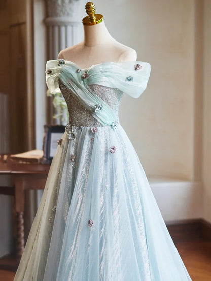 Vestido de fiesta verde de corte A, largo hasta el suelo, hermoso vestido de noche sin espalda y con hombros descubiertos TP127