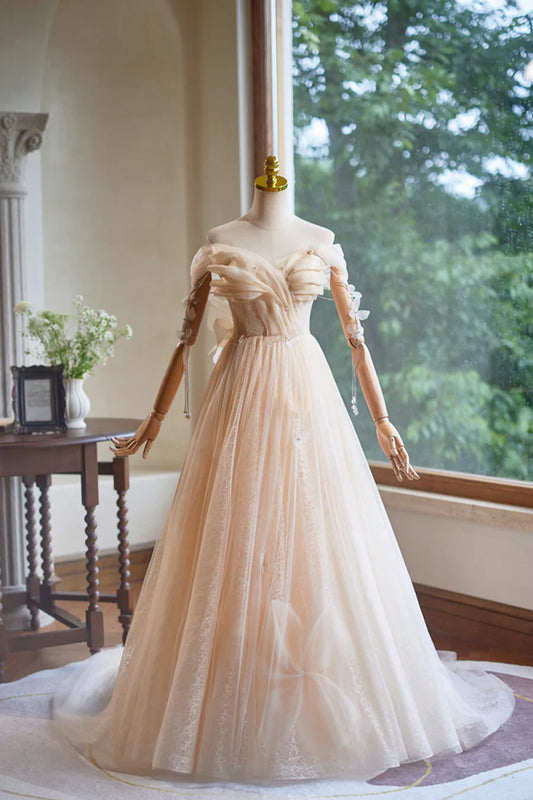 Vestido de fiesta de tul color champán, largo hasta el suelo, corte A, sin mangas, espalda descubierta, TP128