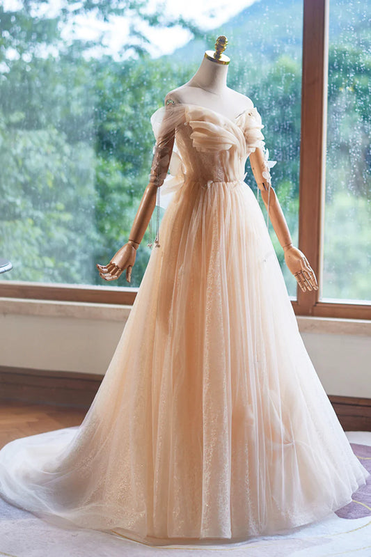 Vestido de fiesta de tul color champán, largo hasta el suelo, corte A, sin mangas, espalda descubierta, TP128