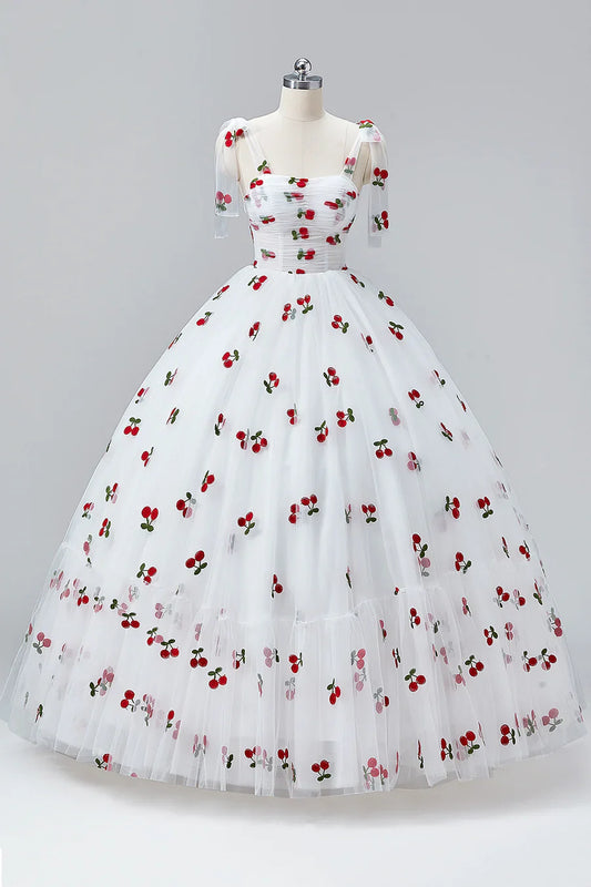 White Cherry Floor Length Prom Dresses, A-Line Ruffle Tulle Spaghetti Straps Princess Evening Dresses TP129