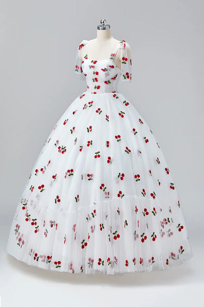 Vestidos de fiesta blancos cereza hasta el suelo, corte A, tul con volantes y tirantes finos, estilo princesa, TP129