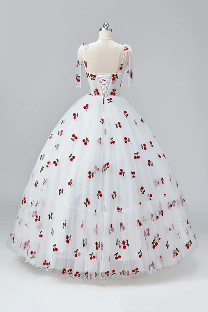 Vestidos de fiesta blancos cereza hasta el suelo, corte A, tul con volantes y tirantes finos, estilo princesa, TP129