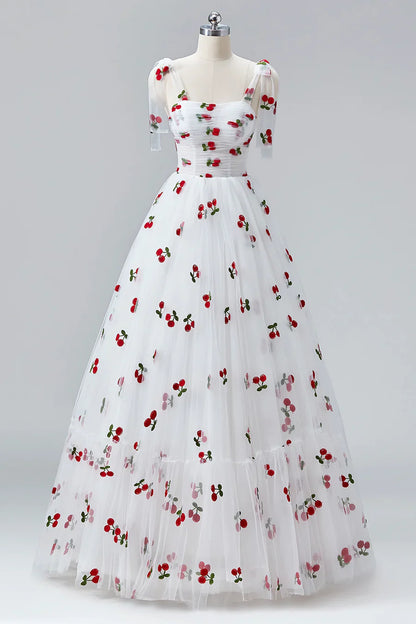 Vestidos de fiesta blancos cereza hasta el suelo, corte A, tul con volantes y tirantes finos, estilo princesa, TP129