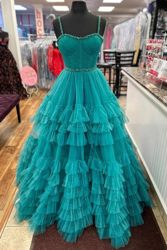 Vestido de fiesta largo con escote en forma de A, volantes escalonados y cuentas, color turquesa, TP132