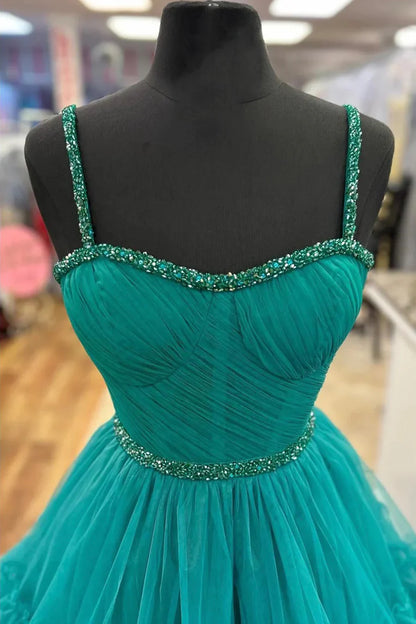 A-Line Tiered Ruffle Sweetheart Beaded Long Prom Dress, Turquoise Evening Party Dress TP132