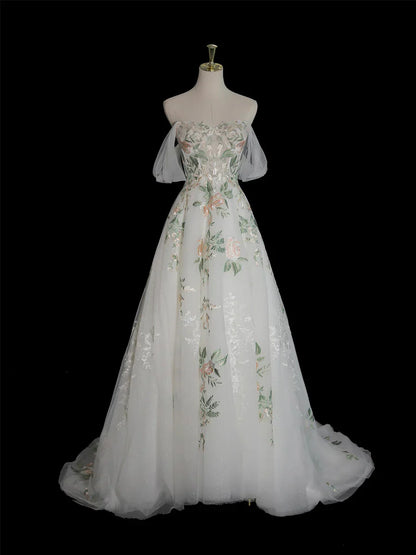 Vestido de fiesta largo de tul con encaje floral, corte A, blanco, con hombros descubiertos, TP133