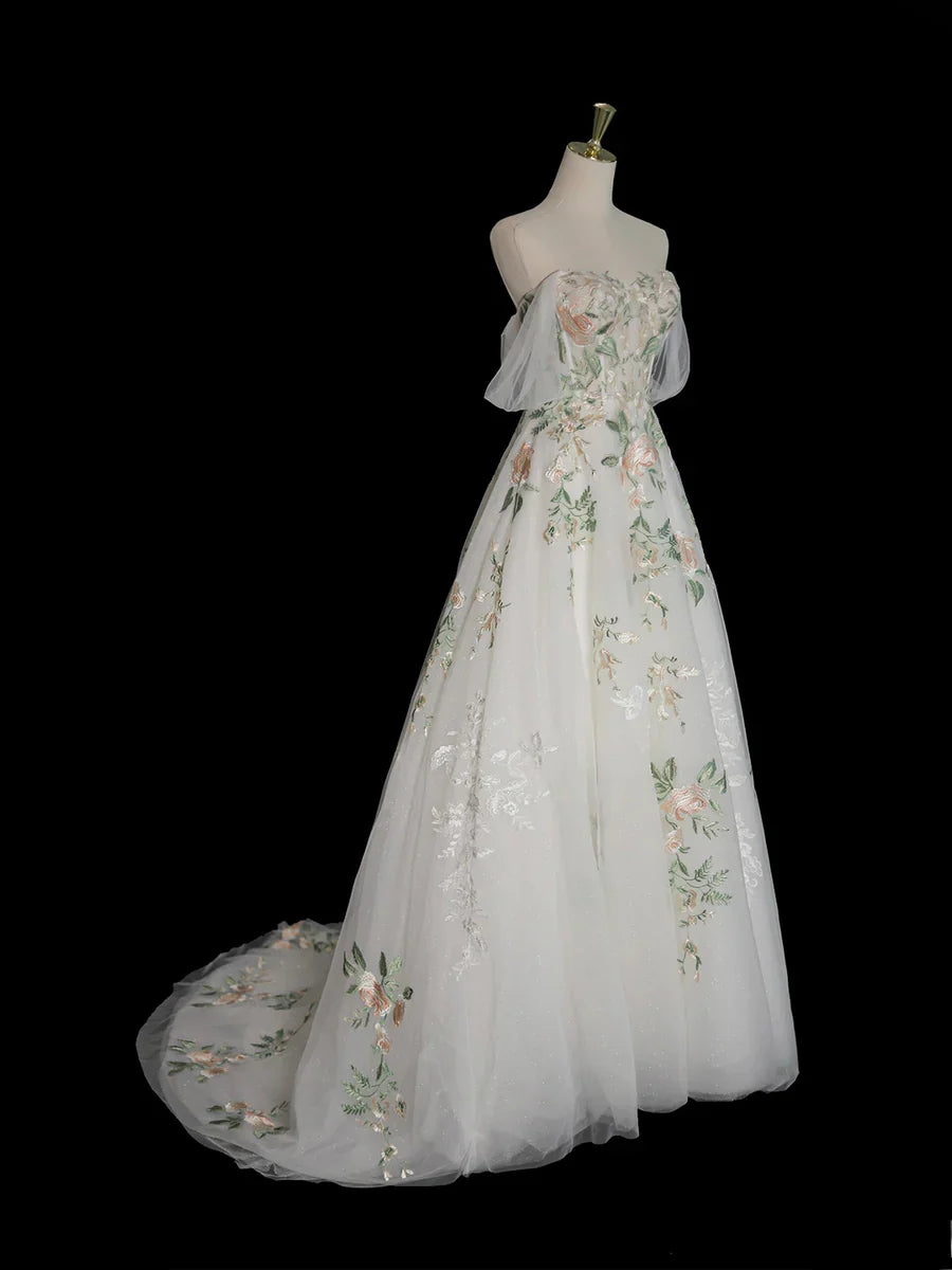 Vestido de fiesta largo de tul con encaje floral, corte A, blanco, con hombros descubiertos, TP133