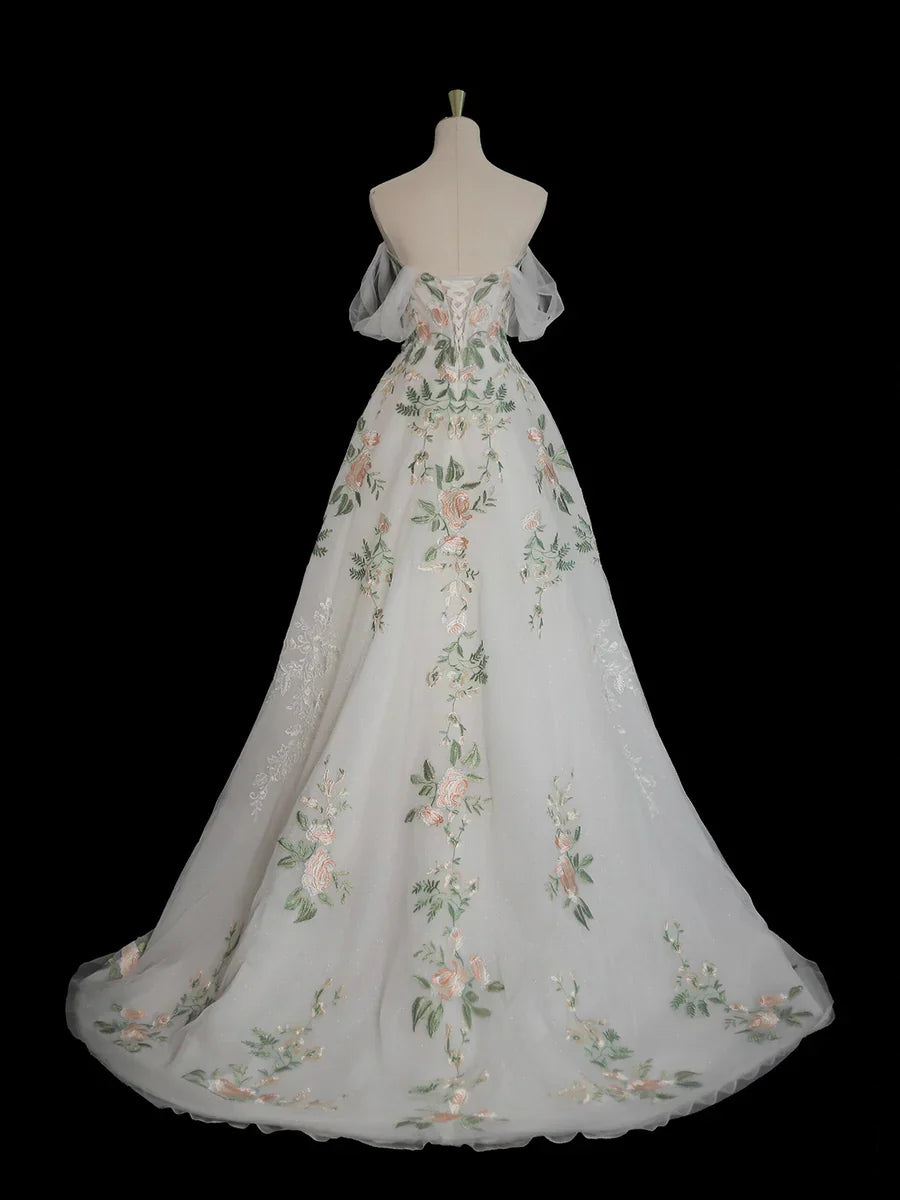 Vestido de fiesta largo de tul con encaje floral, corte A, blanco, con hombros descubiertos, TP133