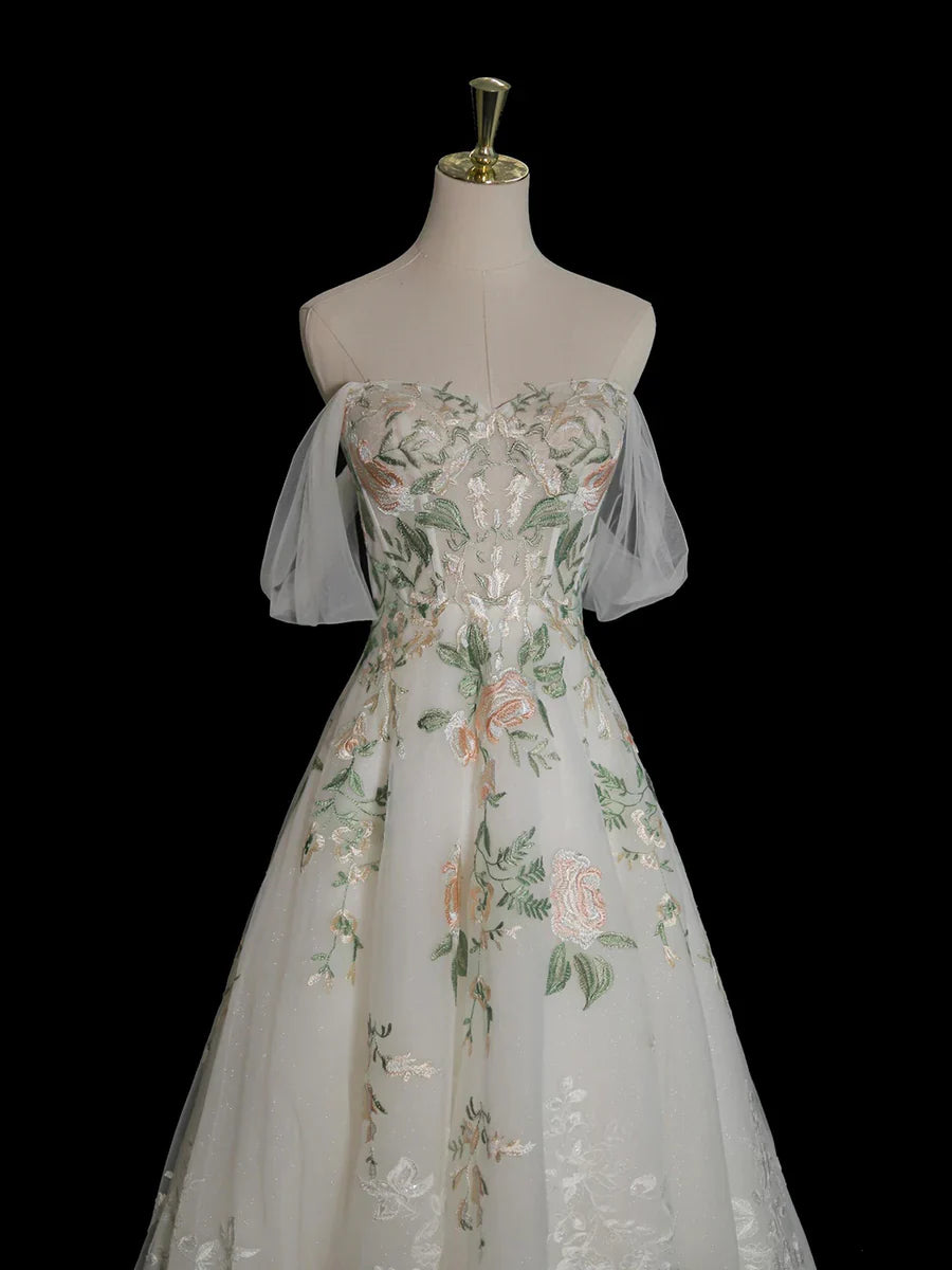 Vestido de fiesta largo de tul con encaje floral, corte A, blanco, con hombros descubiertos, TP133