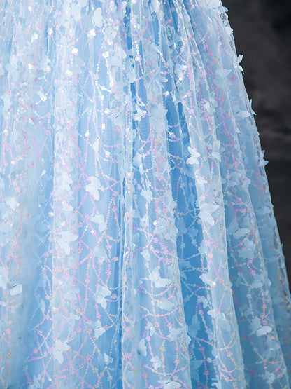 Blue Butterfly Appliques Sequins Prom Dress, A-Line Short Sleeve Backless Princess Formal Dress TP134