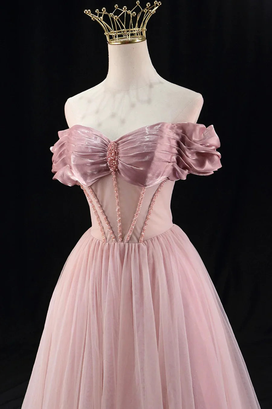 Vestido de fiesta de tul con cuentas y corte en A, largo hasta el suelo, precioso vestido de noche con hombros descubiertos TP137