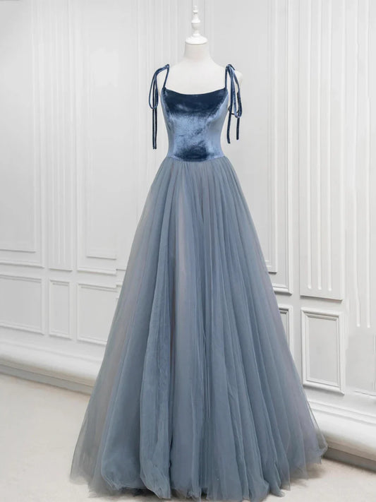 Vestido de fiesta largo de tul y terciopelo, corte A, con tirantes finos en gris y azul, TP138
