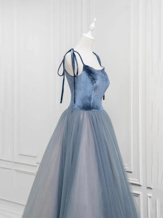 Vestido de fiesta largo de tul y terciopelo, corte A, con tirantes finos en gris y azul, TP138