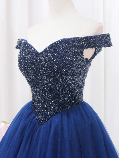 Blue Tulle Beaded Long Prom Dress, Off the Shoulder Evening Party Dress TP139