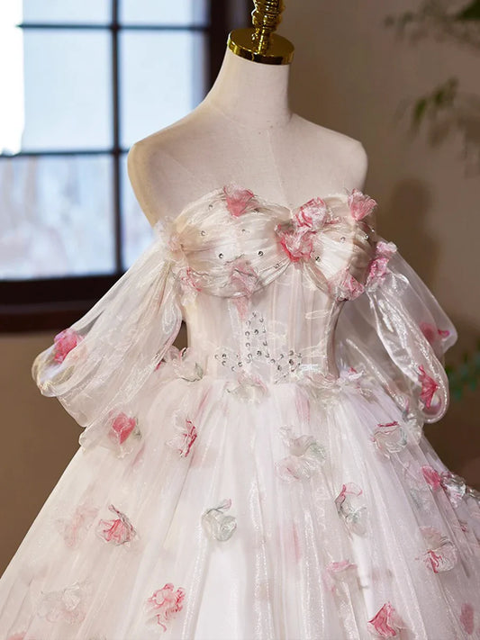A-Line Tulle Floral Floor Length Prom Dress, Off the Shoulder Formal Party Dress TP140
