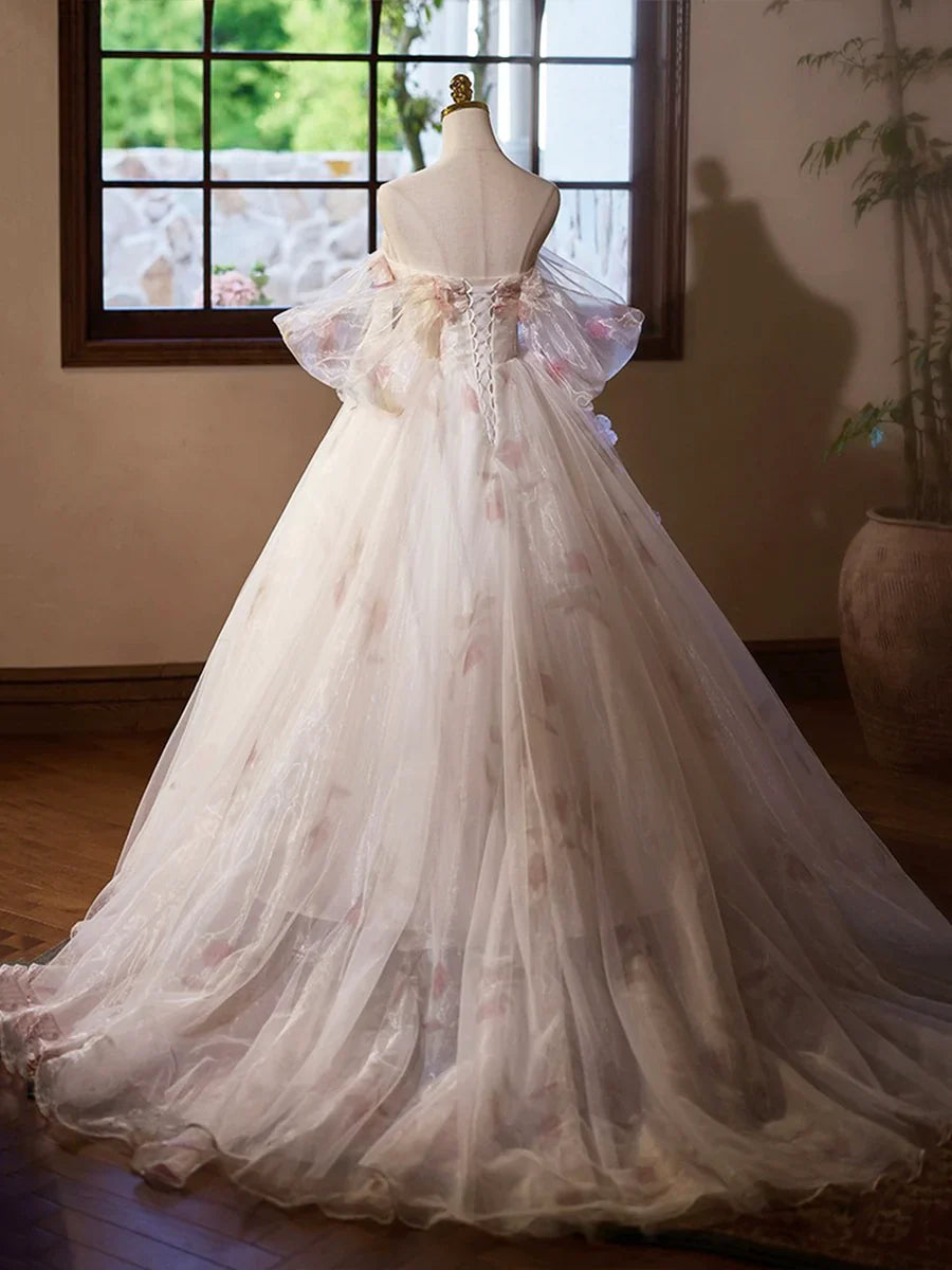 A-Line Tulle Floral Floor Length Prom Dress, Off the Shoulder Formal Party Dress TP140