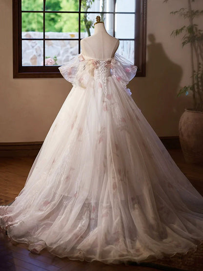 A-Line Tulle Floral Floor Length Prom Dress, Off the Shoulder Formal Party Dress TP140
