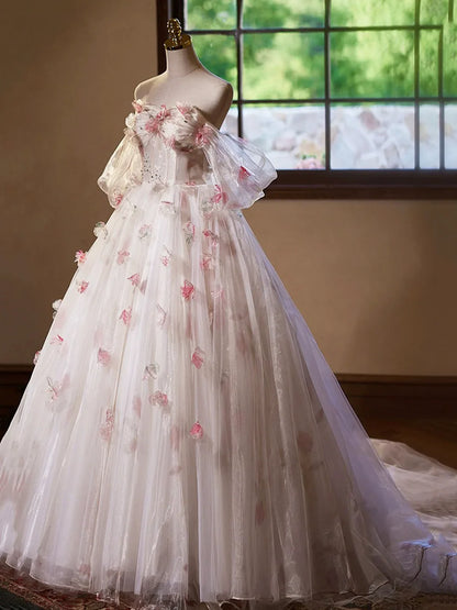 A-Line Tulle Floral Floor Length Prom Dress, Off the Shoulder Formal Party Dress TP140