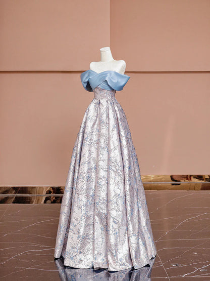 Blue Satin and Floral Pattern Floor Length Prom Dress, Off the Shoulder Evening Party Dress TP141