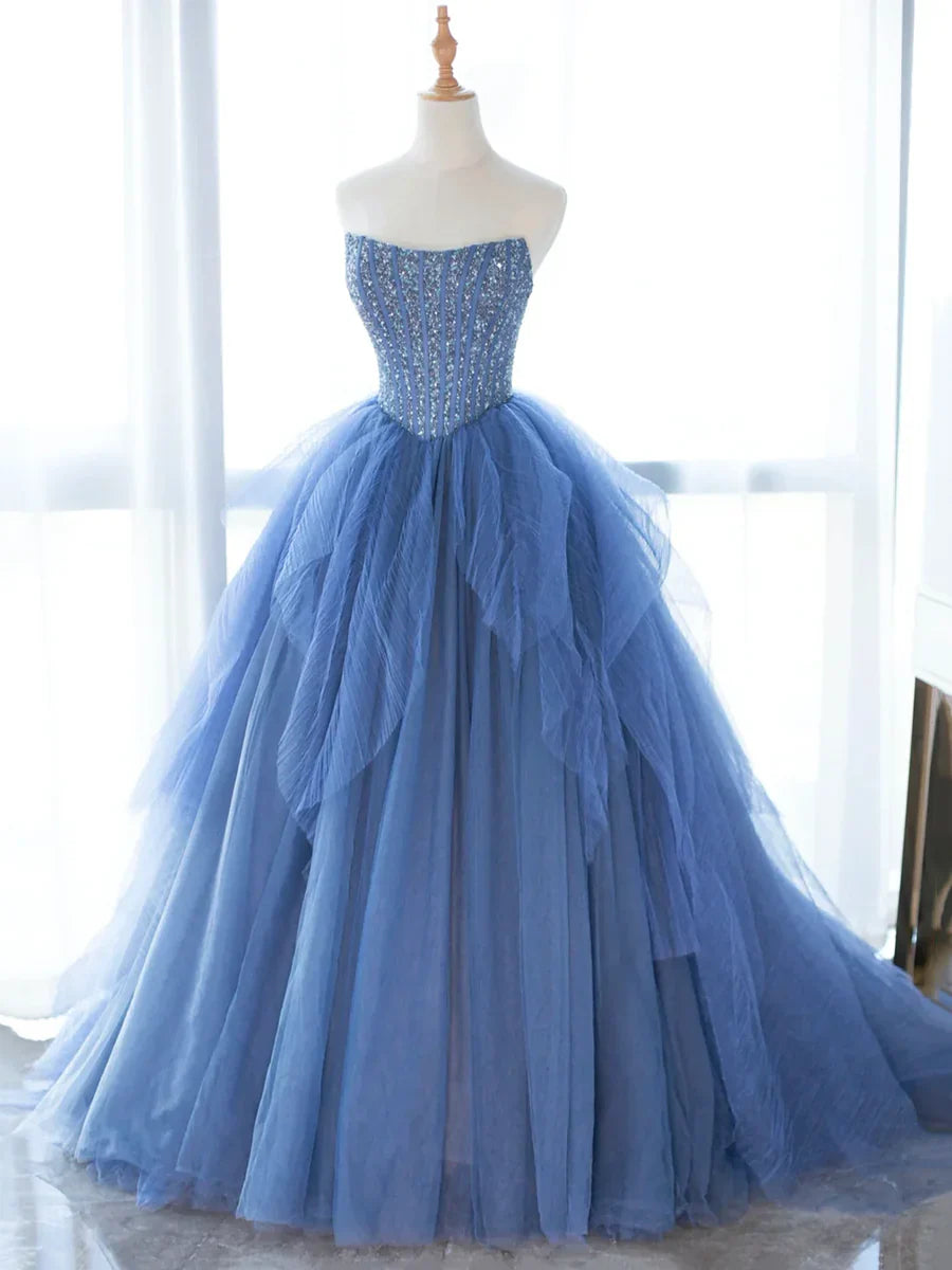 Blue Strapless Tulle Sequins Long Prom Dress, Beautiful A-Line Formal Party Dress TP142