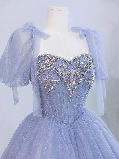 Blue Tulle Beaded Floor Length Prom Dress, A-Line Short Sleeve Evening Party Dress TP144