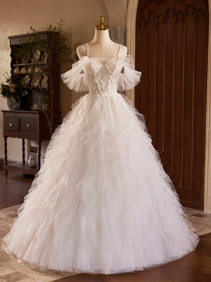 Vestido de fiesta largo de tul con capas, corte A, tirantes finos color marfil, para quinceañeras, TP146
