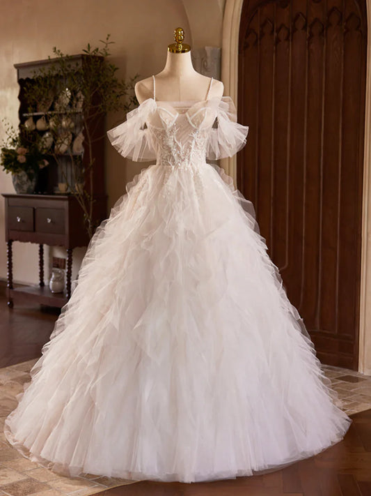 Vestido de fiesta largo de tul con capas, corte A, tirantes finos color marfil, para quinceañeras, TP146
