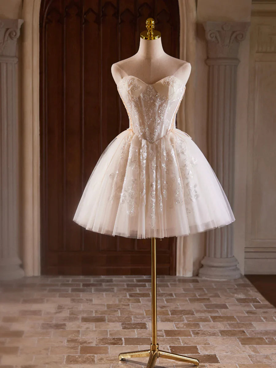 Vestido de fiesta corto de tul con lentejuelas y escote en forma de corazón, color champán, sin tirantes, TP147
