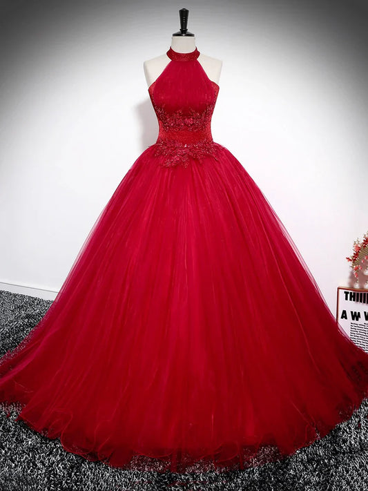 Anterior Siguiente Vestido de fiesta largo rojo con escote halter y corte en A, vestido formal de noche rojo sin espalda TP148