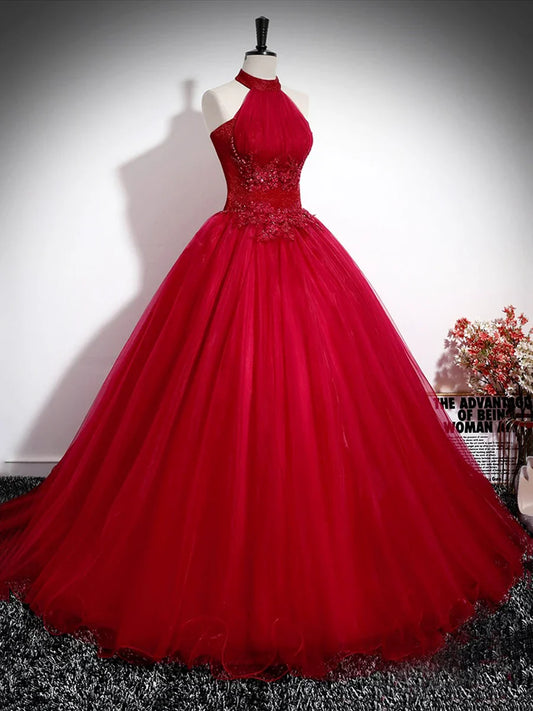 Anterior Siguiente Vestido de fiesta largo rojo con escote halter y corte en A, vestido formal de noche rojo sin espalda TP148