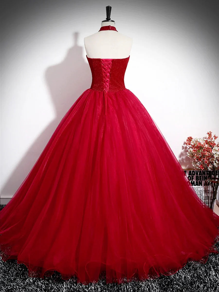 Previous Next   Red A-Line Halter Long Prom Dress, Red Backless Evening Formal Dress TP148