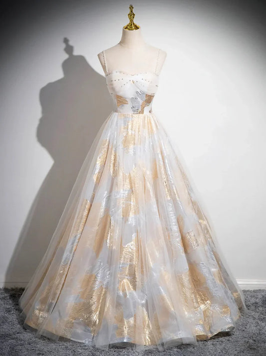 Beautiful Spaghetti Strap Floor Length Prom Dress, A-Line Floral Pattern Evening Party Dress TP149