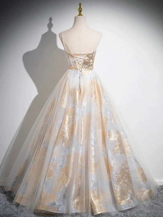 Beautiful Spaghetti Strap Floor Length Prom Dress, A-Line Floral Pattern Evening Party Dress TP149