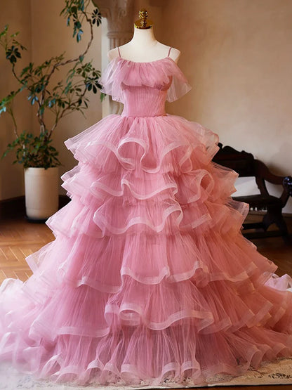 Vestido de fiesta largo de tul rosa con capas y corte A, vestido de noche rosa con tirantes finos para quinceañeras TP150