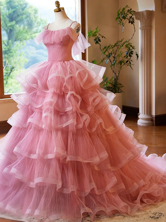 Vestido de fiesta largo de tul rosa con capas y corte A, vestido de noche rosa con tirantes finos para quinceañeras TP150