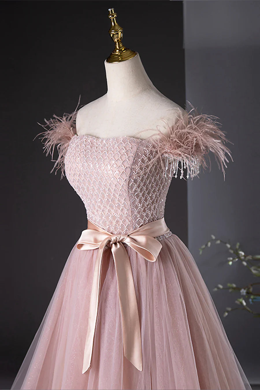 Pink Tulle Beaded Long Prom Dress, Lovely Pink Off the Shoulder Evening Party Dress TP154